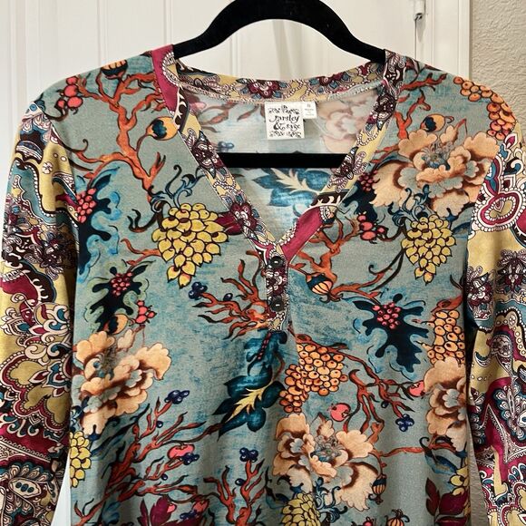 Parsley & Sage Floral Paisley Bright Colors 3/4 Sleeve Lettuce Trim Tunic Top S - Picture 2 of 11